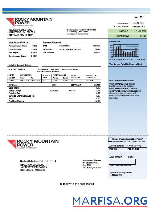 Downloadable USA Utah Rocky Mountain Power electricity business utility bill template in Word and PDF formats